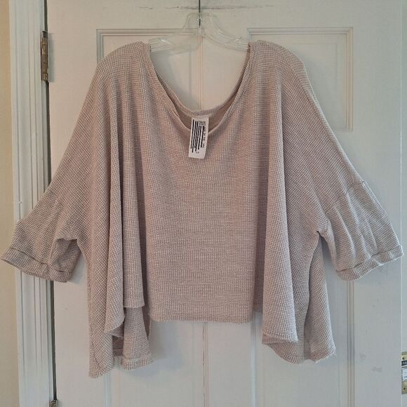 FREE PEOPLE STORYTELLER USA Made Waffle Knit Split Back TEE Swing Top OVERSIZE S - Picture 8 of 13